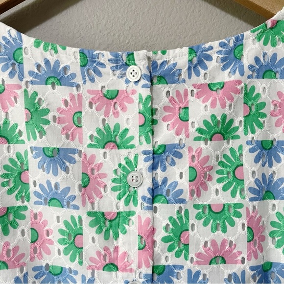 Talbots Pastel Daisy Print Eyelet Tank Top Button Back Size Large Petite Preppy - Picture 7 of 9